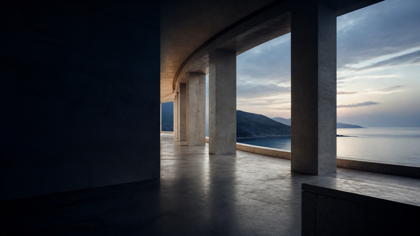 A quiet, sunset colonnade looking out over the sea, evoking the calm of considering a new country to call home